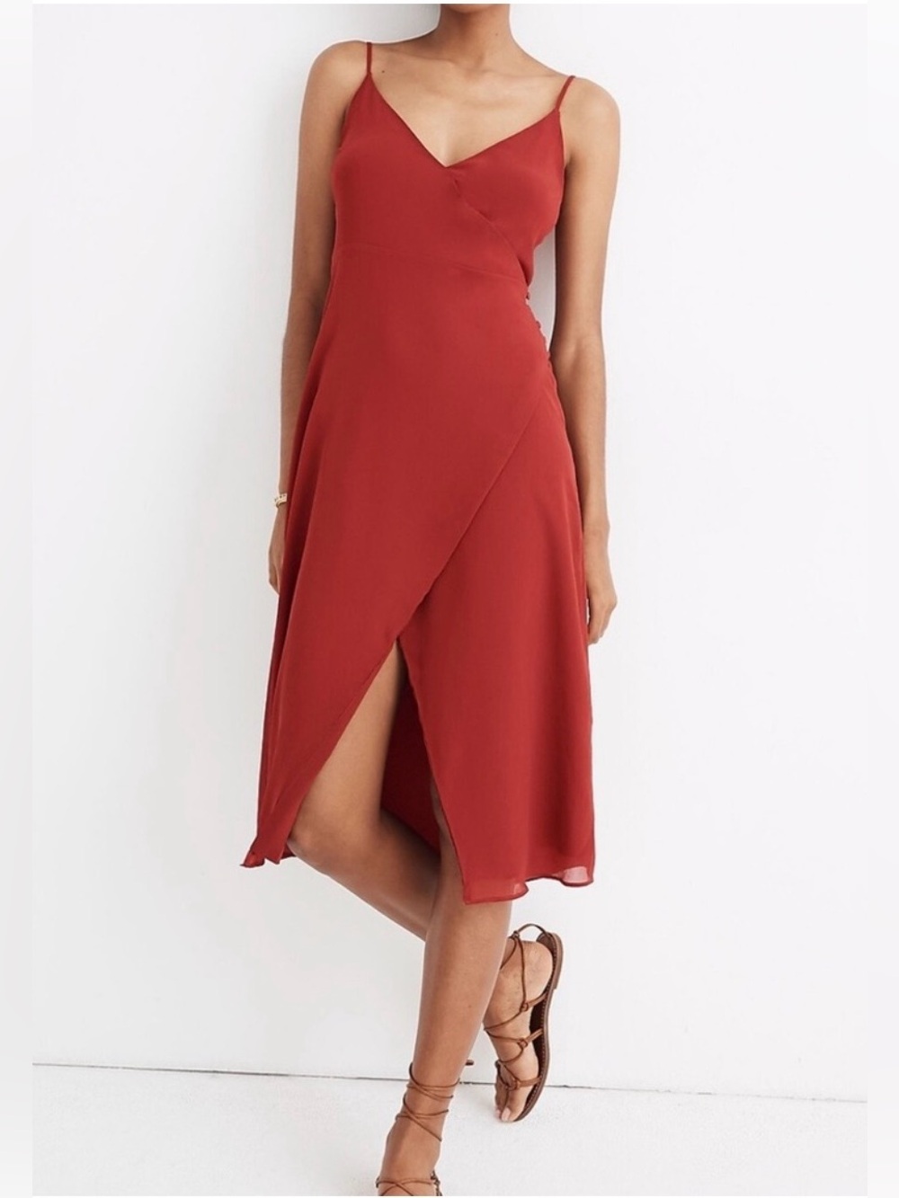 Madewell Crimson Red Slip Cami Midi Dress Side Button Wrap 90s Minimalist Sz 10